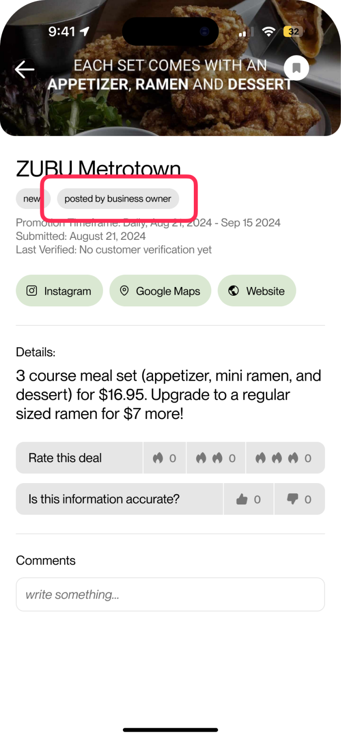 owned restaurant indicator while viewing a deal