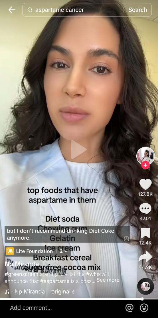 post explaining you shouldn't drink diet sodas containing aspartame